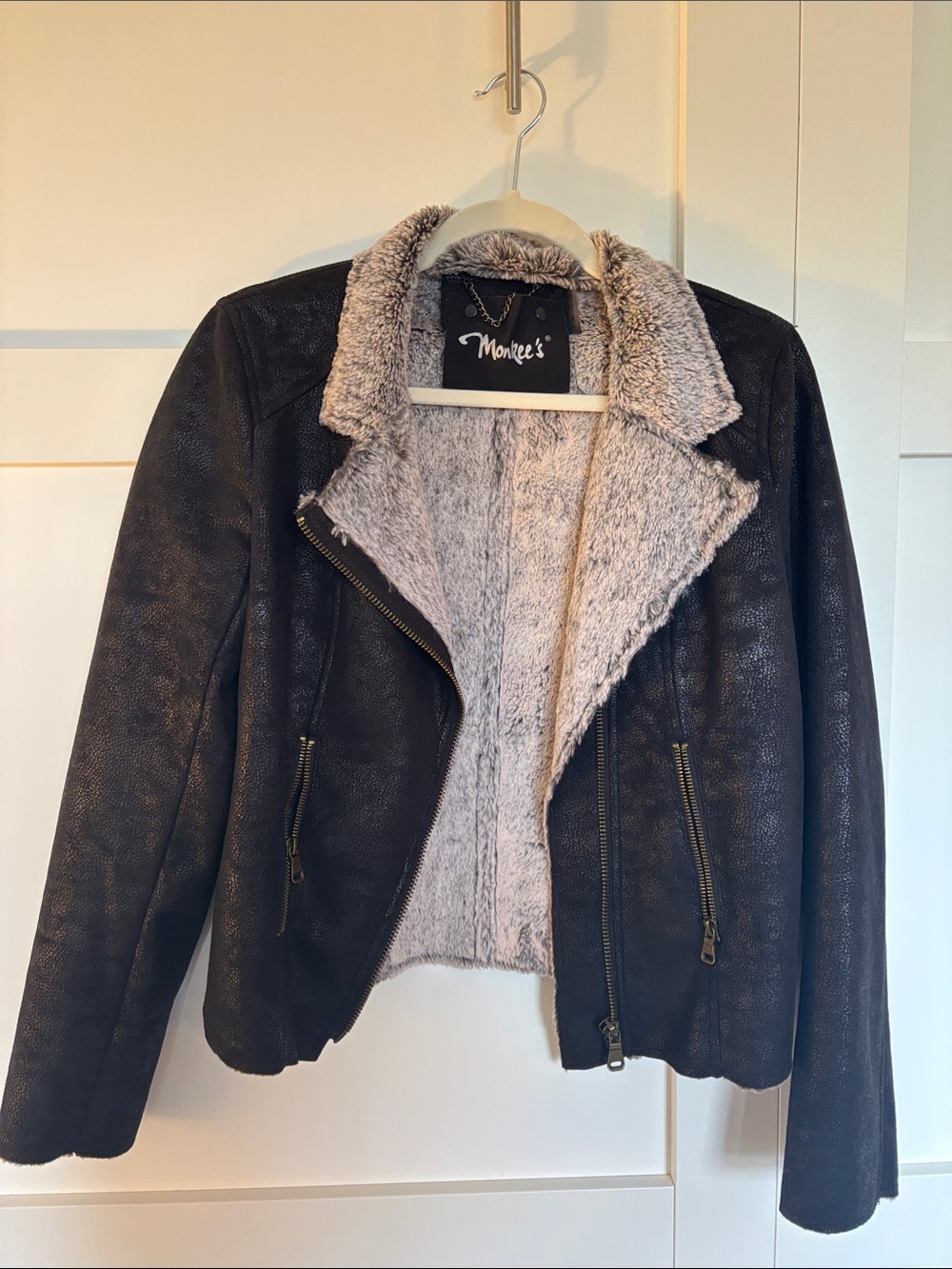 Black Faux-Leather Moto Jacket with Gray Faux-Fur Lining